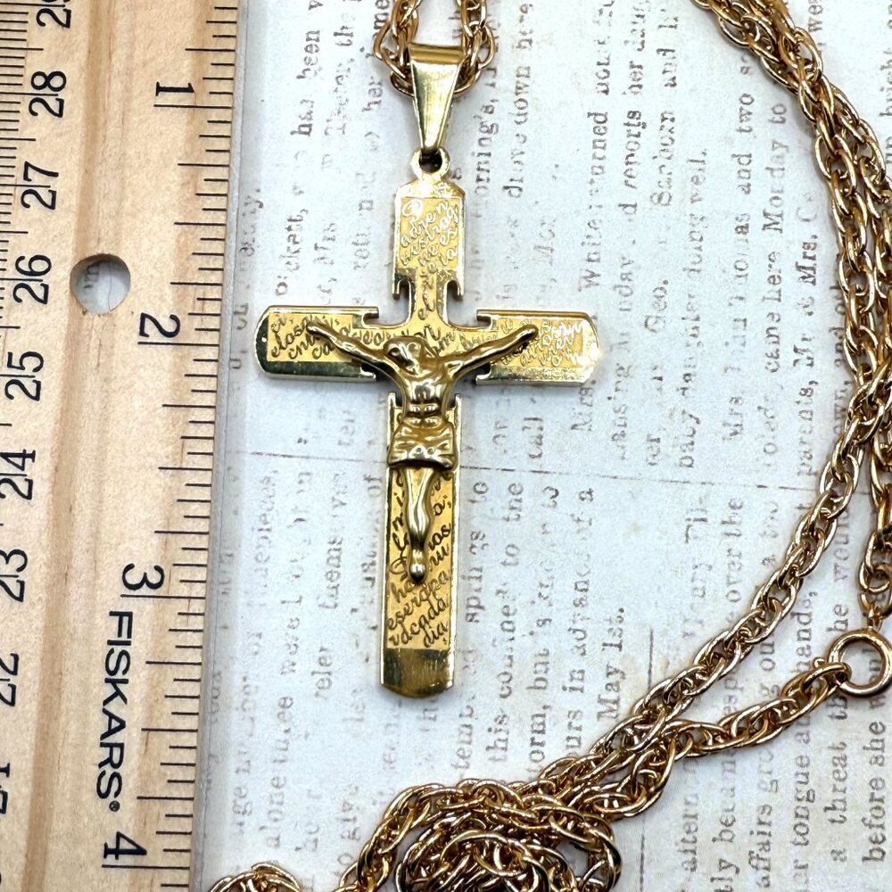 Large Stainless Steel Yellow Gold Spanish Crucifix Cross Pendant Necklace - Picture 8 of 8